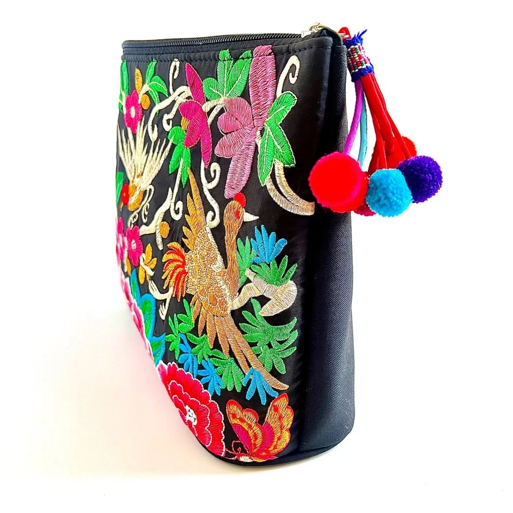 Large Colorful Birds and Florals Embroidered Pom Pom Bag (NWOT) - Picture 4 of 9